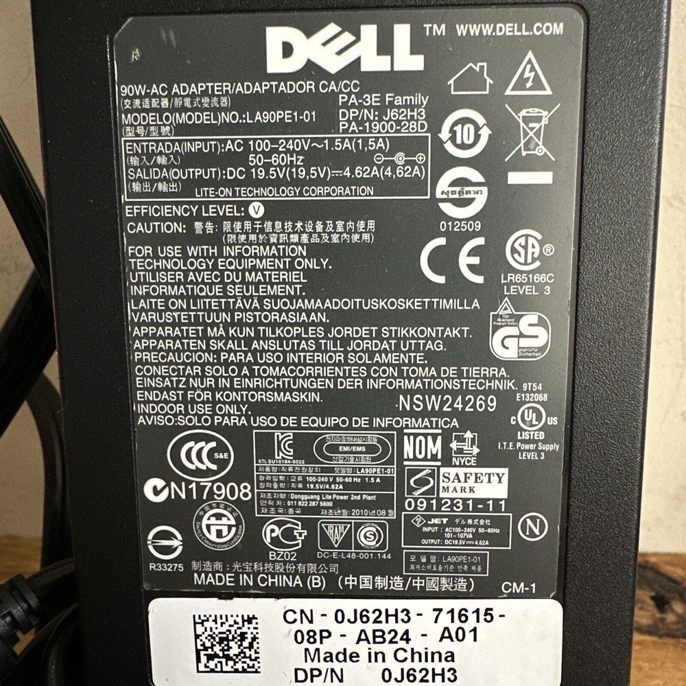 OEM Genuine Dell 90W AC Power Charger‎ 19.5V 4.62A PA-3E J62H3 0J62H3 LA90PE1-01